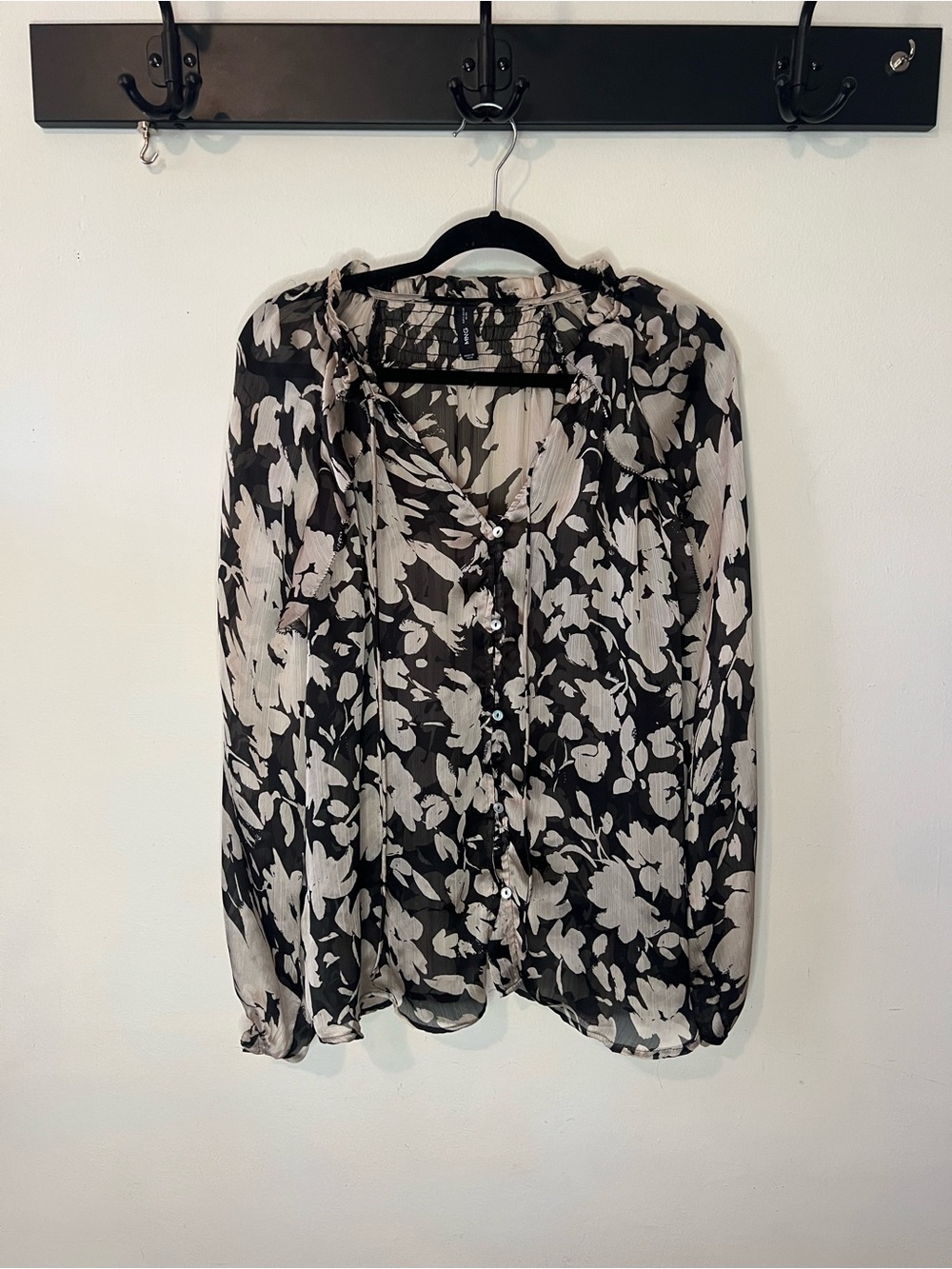 Sheer Black & Ivory Floral Button-Front Blouse - Women's